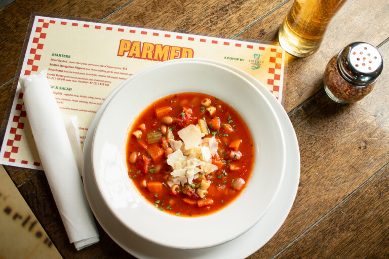 Home-made pasta fagioli soup at PARMED Italian restaurant downtown Canalside Buffalo New York Naval Park restaurant