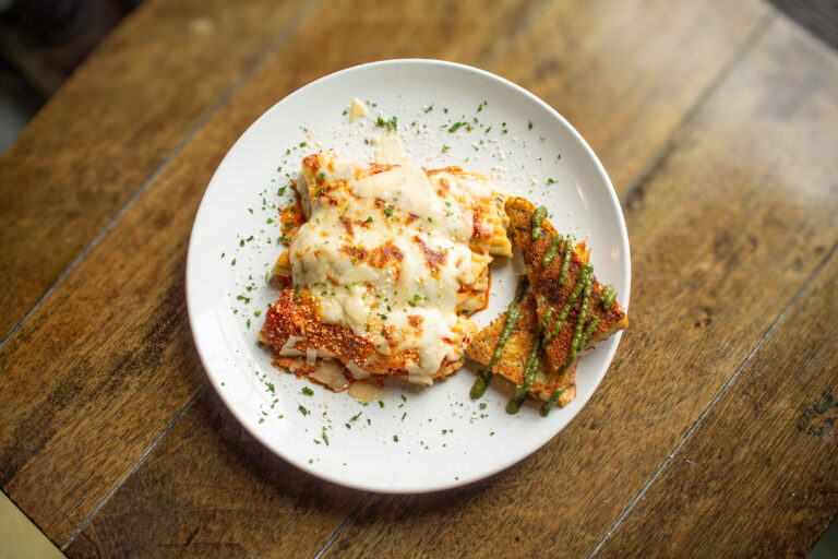 Fresh PARMED Manicotti with Nonna's sauce and pesto toast